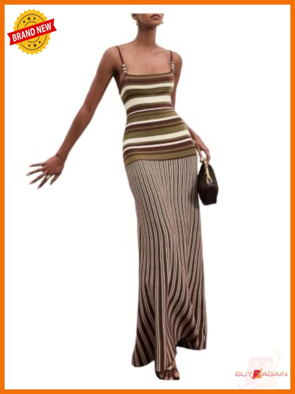 Striped Beaded Strap Cami Maxi Dress Rib Knit Long